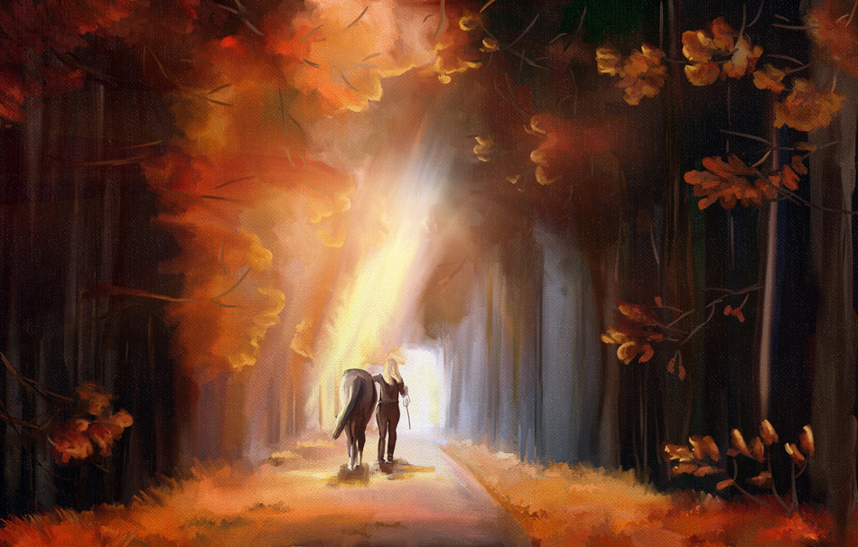 Sunrise alley in autumn park with woman and her horse