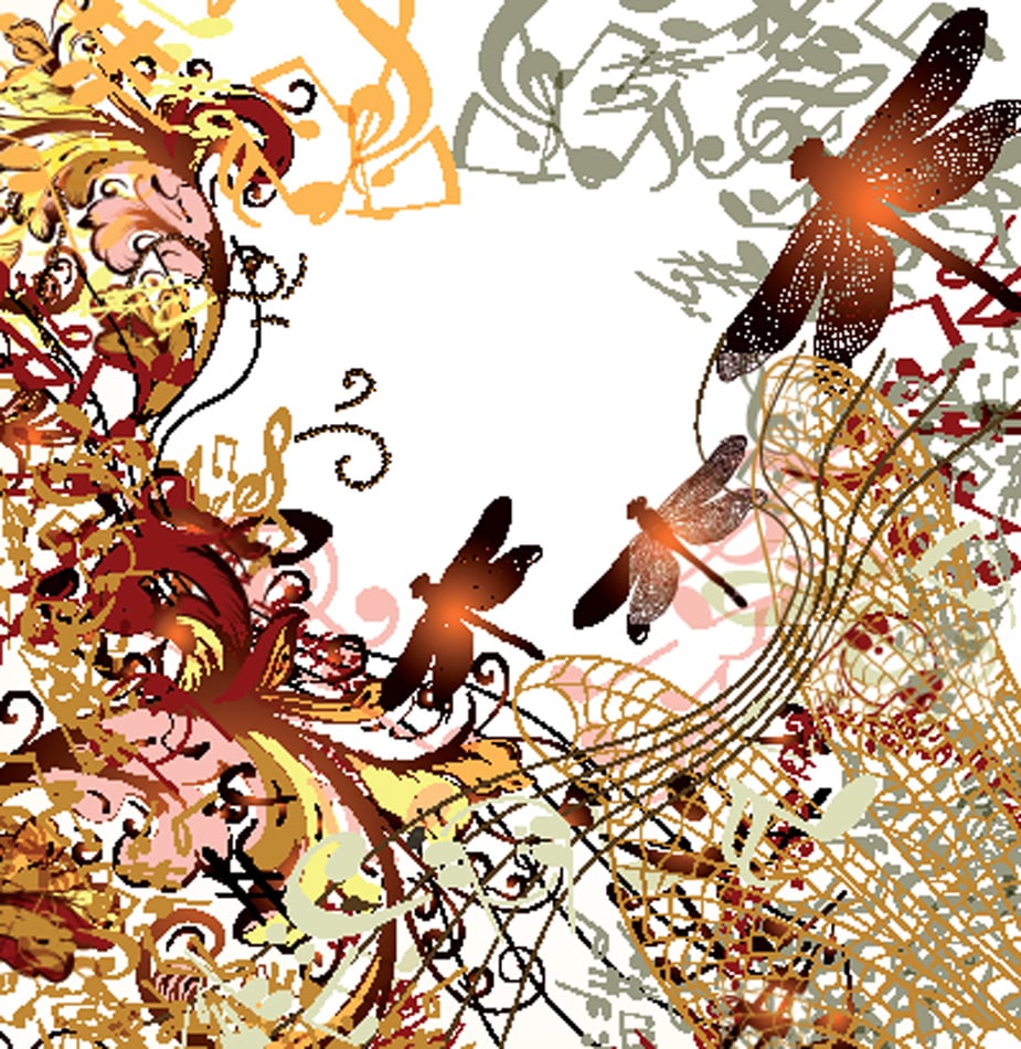conceptual music background with dragonfly ornament and notes