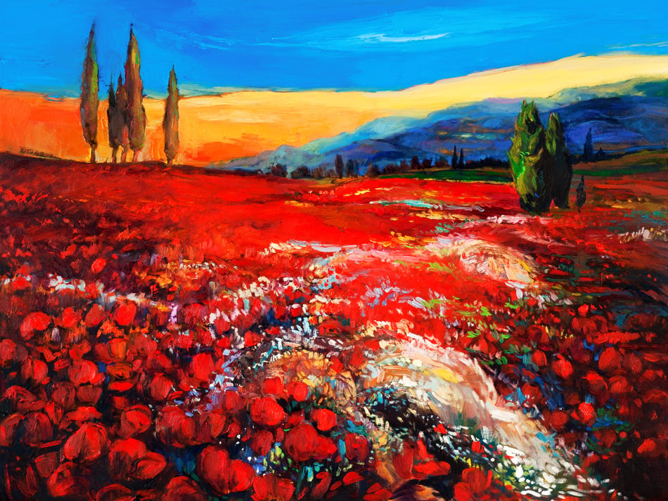 Original oil painting of Colorful Poppy field