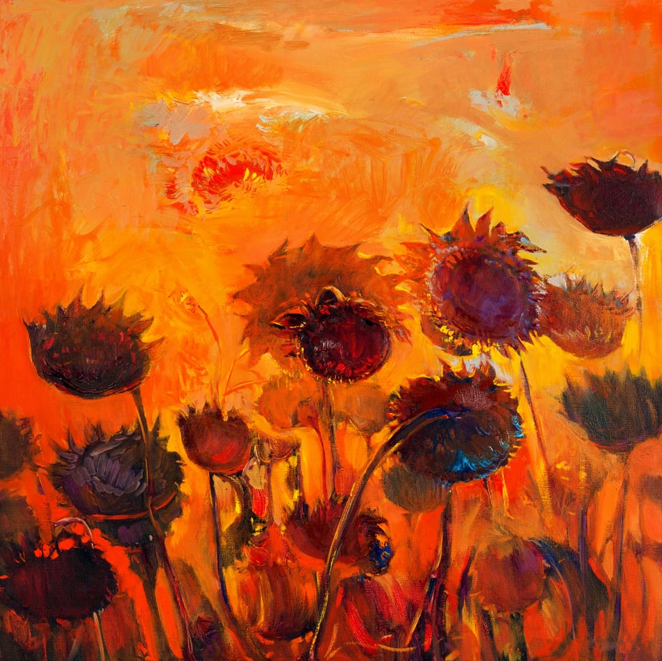 Original oil painting of abstract sunflowers on canvas