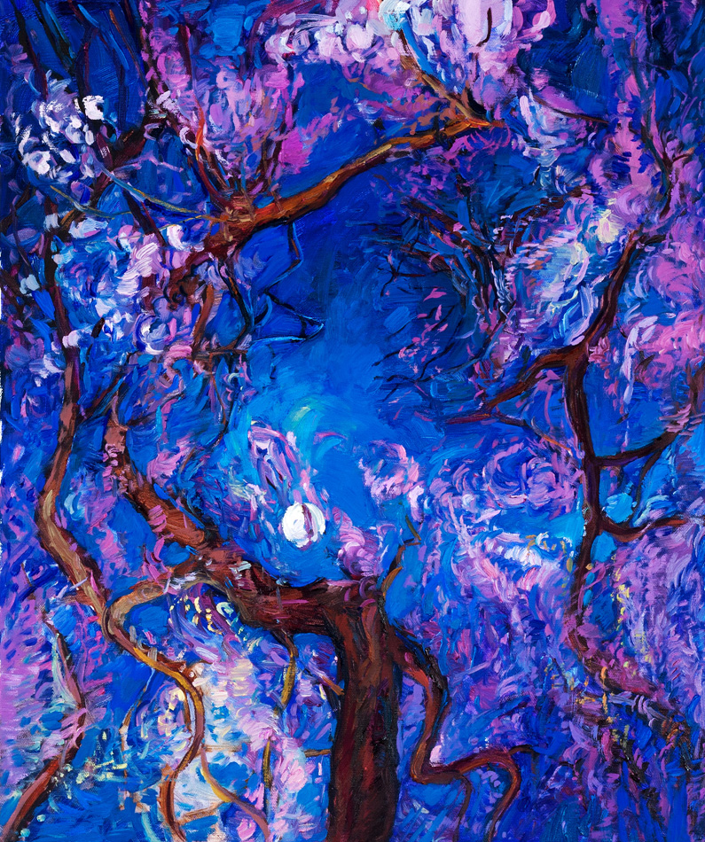 Original oil painting of trees and moon at night on canvas