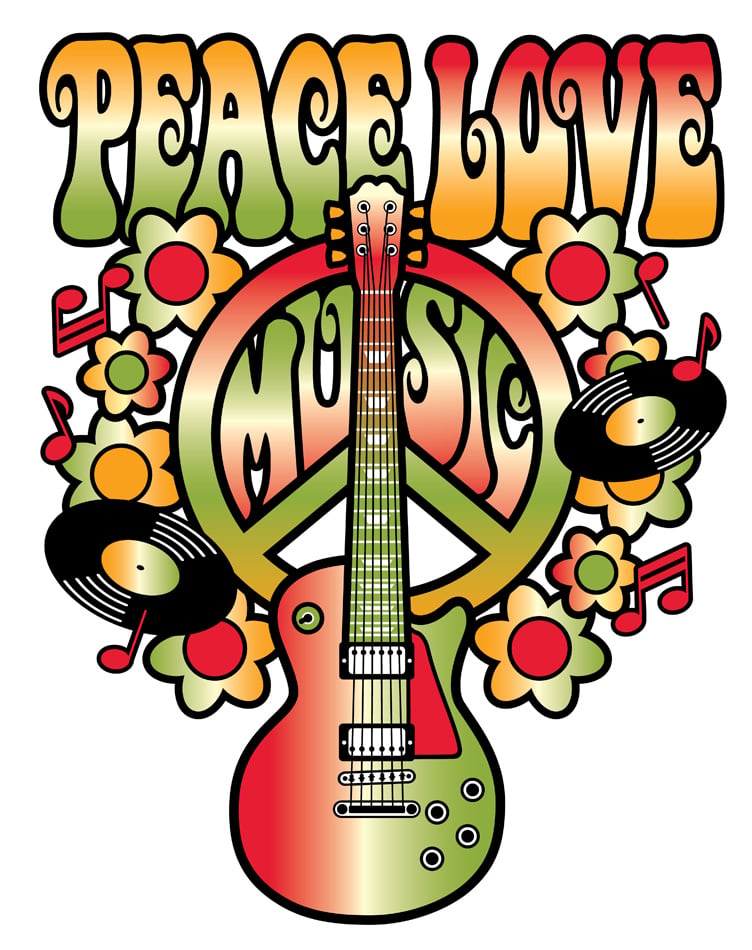 PEACE LOVE MUSIC text design with peace symbol guitar vinyl records 
flowers