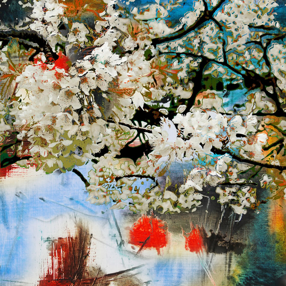 Spring motif oil painting and mixed media