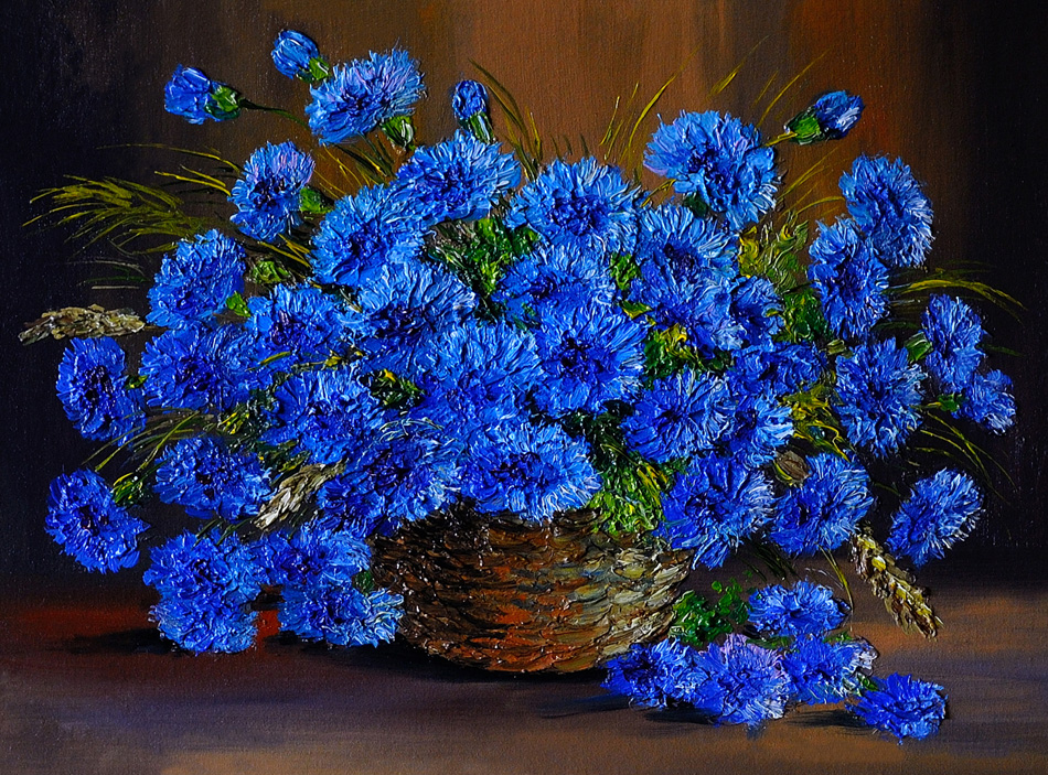Oil painting of flowers bluebonnets in a vase