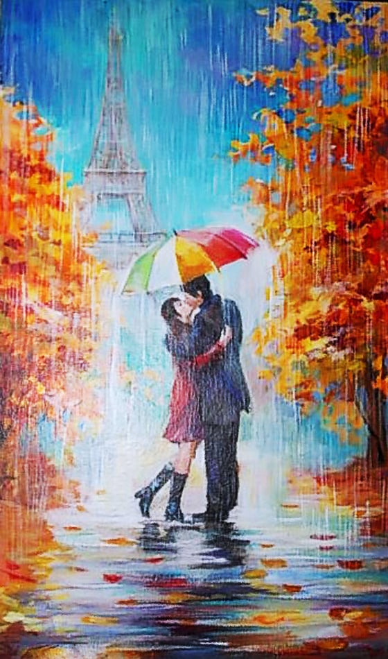 oil painting a pair of lovers under an umbrella Eiffel Tower