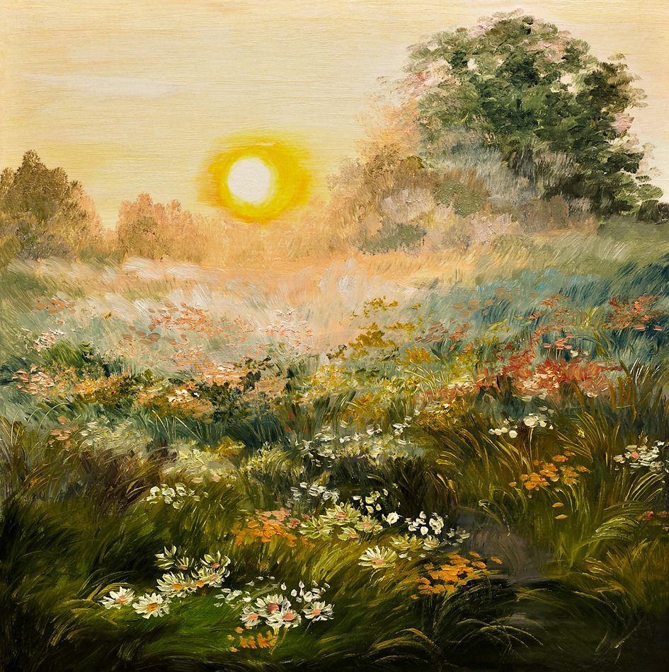 oil painting - sunrise in the field