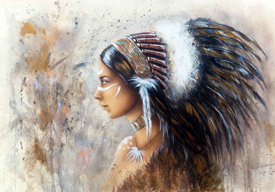 indian woman wearing a big feather headdress