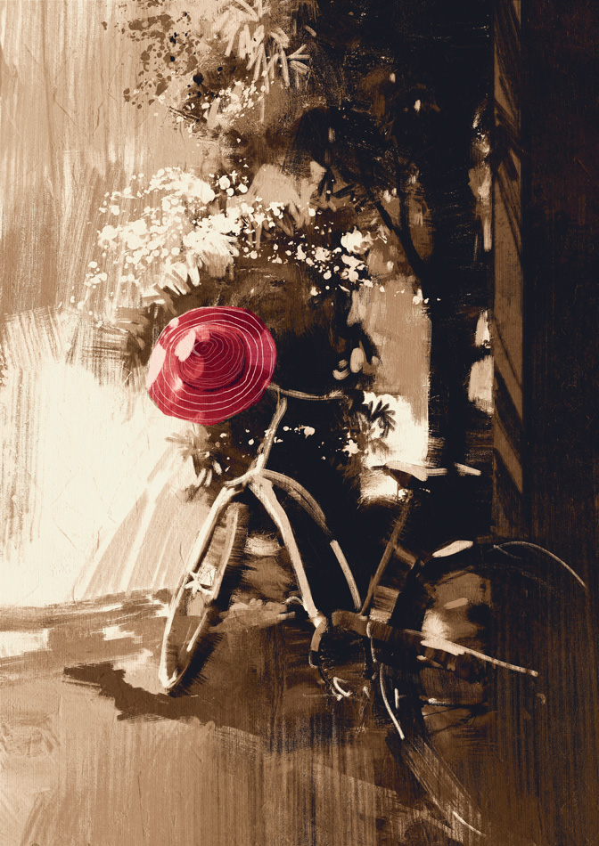 vintage bicycle and red hat on summer day digital painting