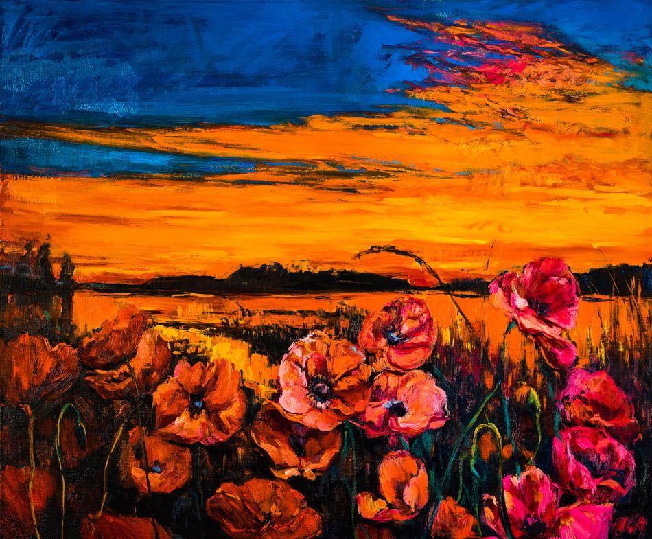 Original oil painting of poppy field in front of beautiful sunset on 
canvas