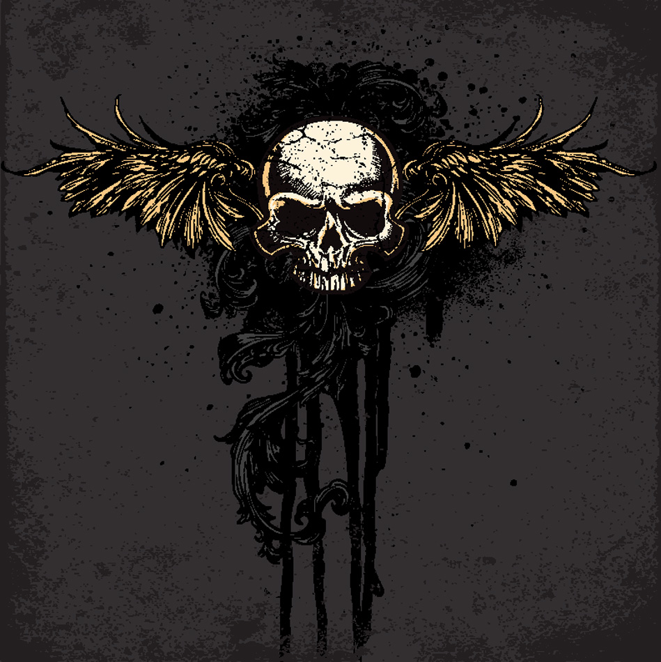 Vector illustration of a skull with wings on a textured background with 
antique