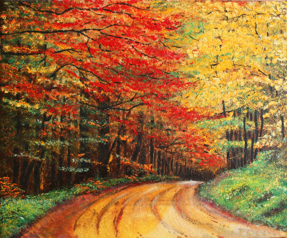 Colorful original oil painting showing a road forest