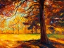 Original oil painting of a Big old tree in the forest autumn