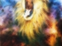 painting of a roaring lion on a abstract cosmical background