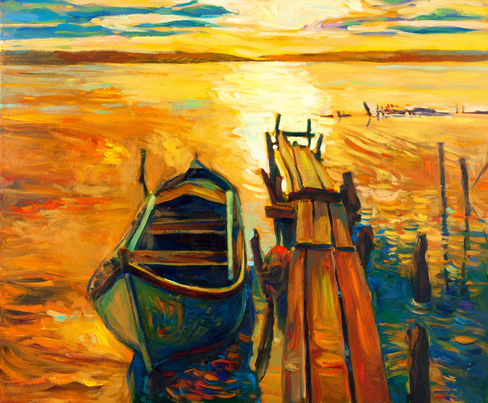 Original oil painting of boat and pier