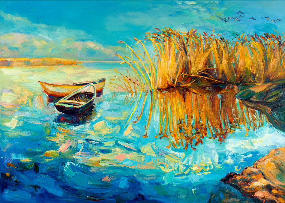 Original oil painting of boats lake and Fern on canvas