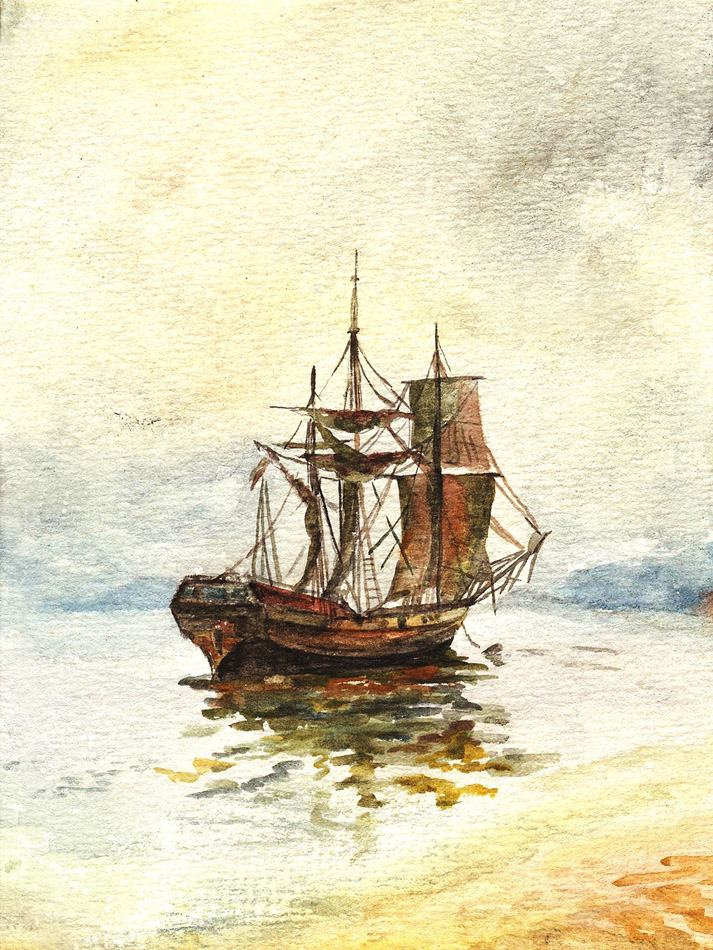 Watercolor painting of the old ship with sails