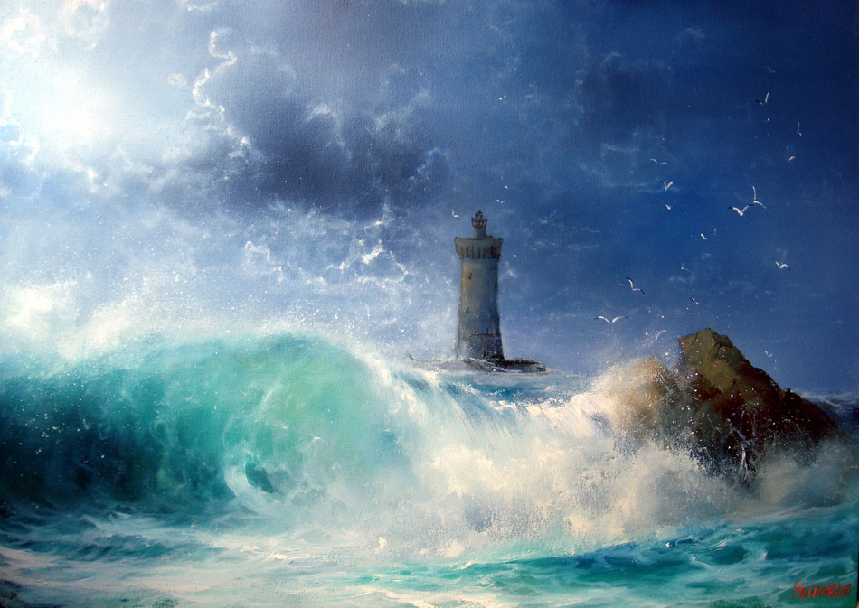 Seascape Wave And Lighthouse