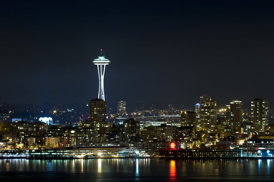 Seattle Skyline At Night On An Overcast Night