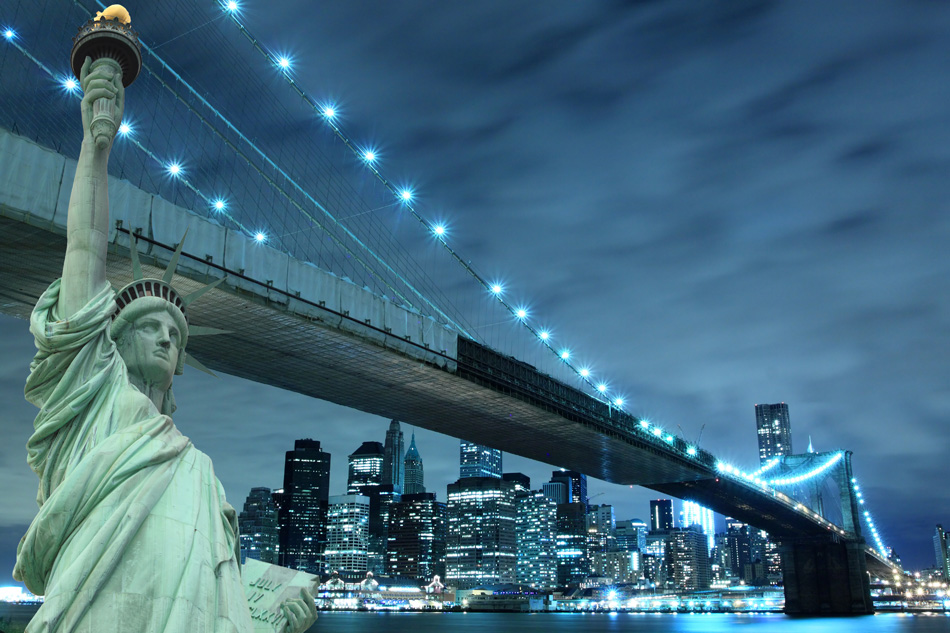 Brooklyn Bridge And The Statue Of Liberty At Night