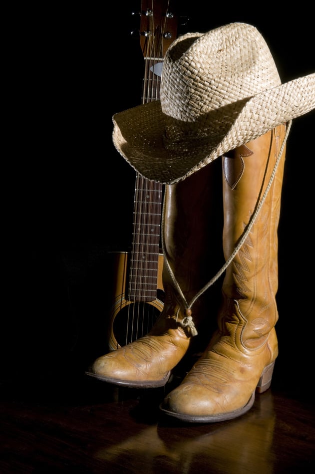 Spotlight on country music symbols cowboy boots acoustic guitar and hat