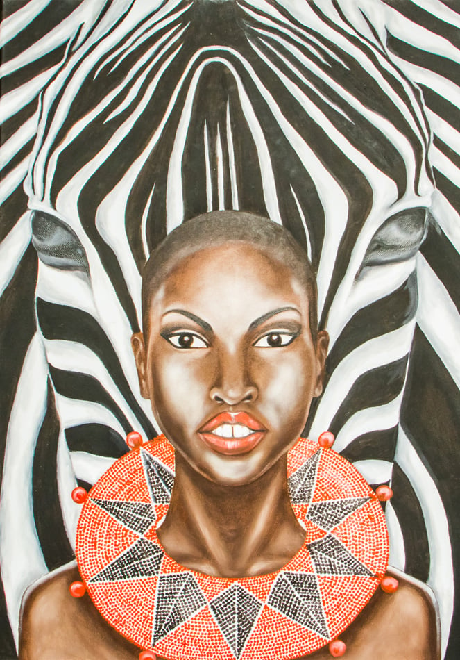 Oil painting of an african woman and zebra