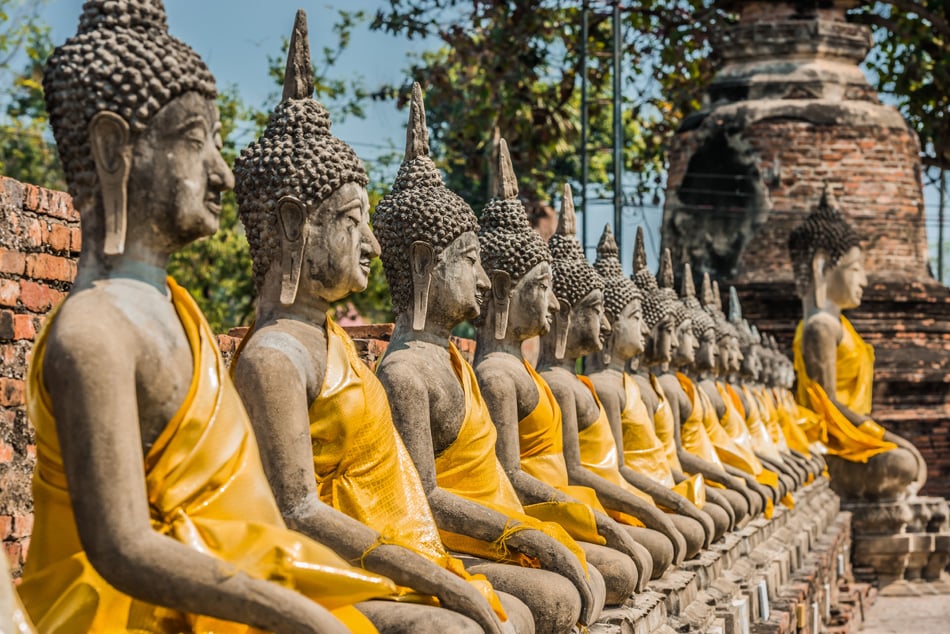 Aligned Buddha Statues At Wat Yai Chaimongkol Ayutthaya Bangkok