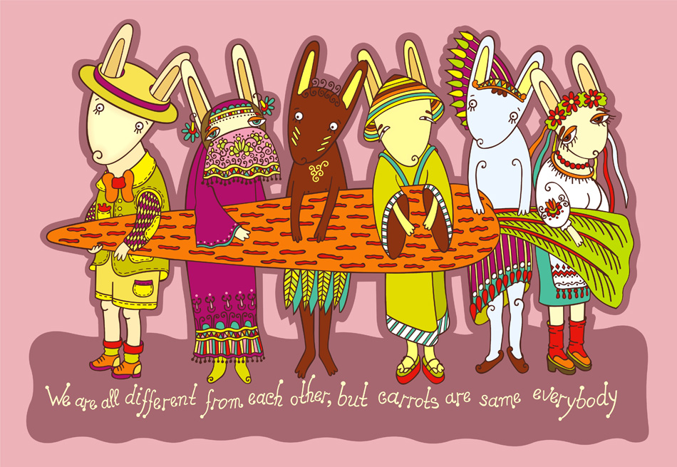 Multicultural Rabbits And Carrots Cartoon Diversity