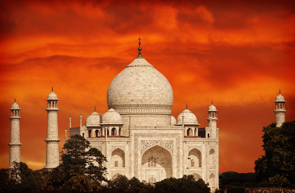Retro filtered sunset over Taj Mahal India