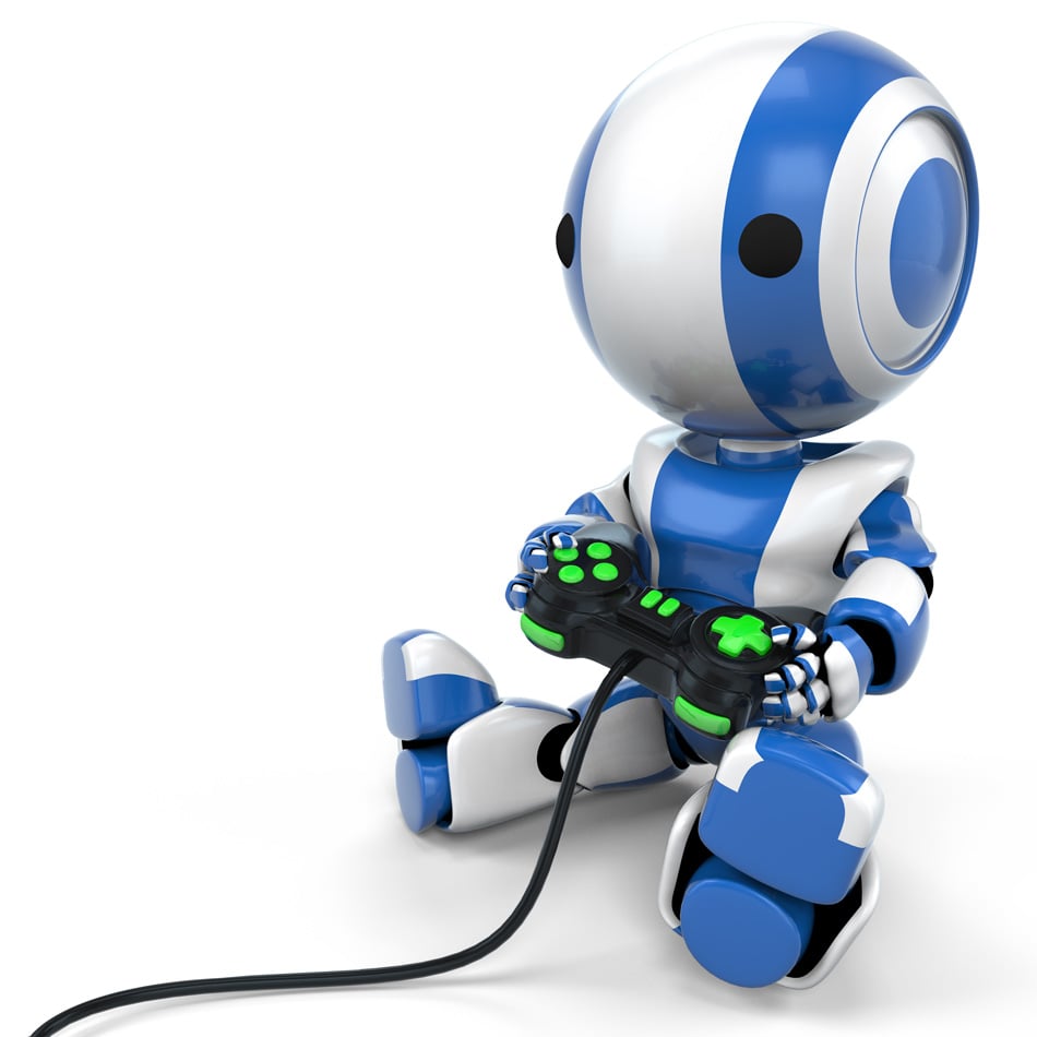 Blue Robot Holding Video Game Controller
