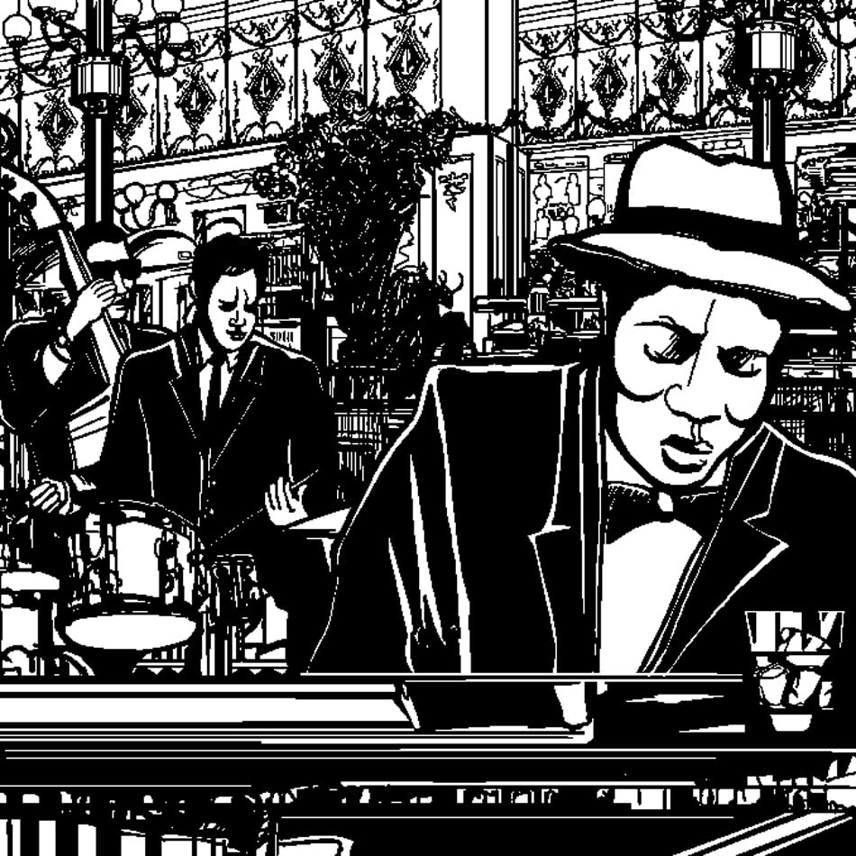 Illustration of a piano-Jazz band in a restaurant with piano double bass