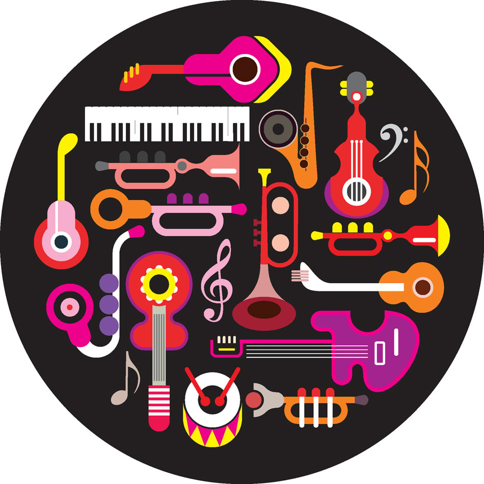 Musical instruments - round vector illustration on black background 
Isolated