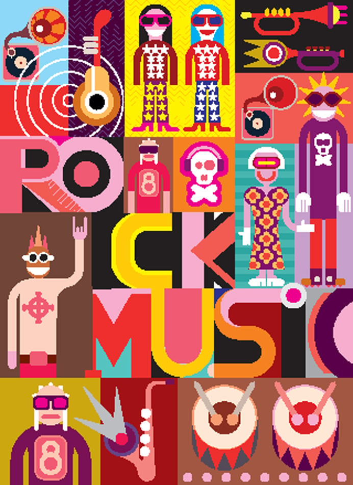 Rock Music Musical collage - vector illustration instruments and people
