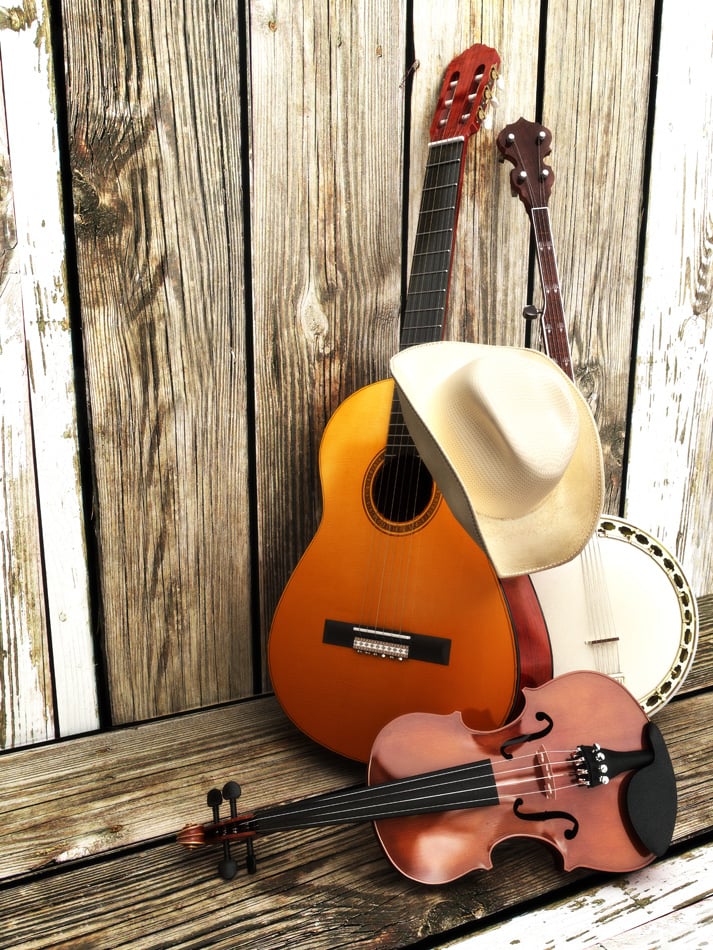Country music background with stringed instruments Guitar banjo violin