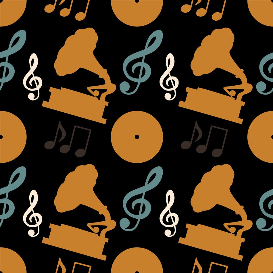 Musical seamless pattern with silhouettes music notes treble clef 
gramophone 1a