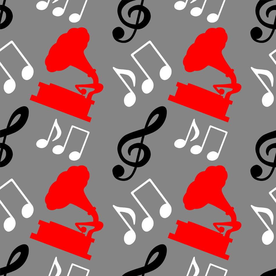 Musical seamless pattern with silhouettes music notes treble clef 
gramophone 2a