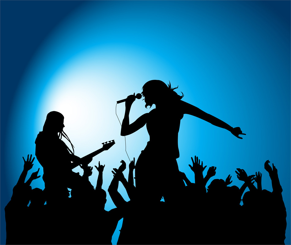 Female Singer And Guitarrist Silhouette On Blue