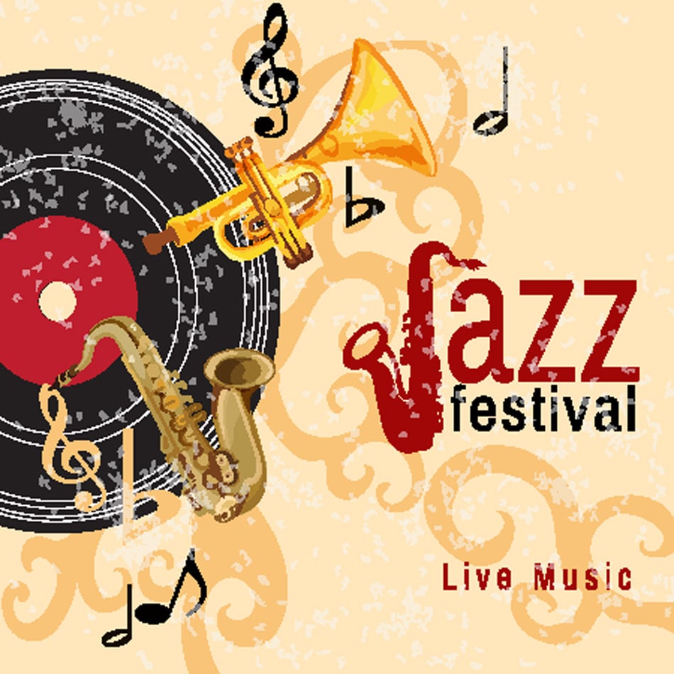Jazz retro music festival concert live horn performance poster with black 
vinyl