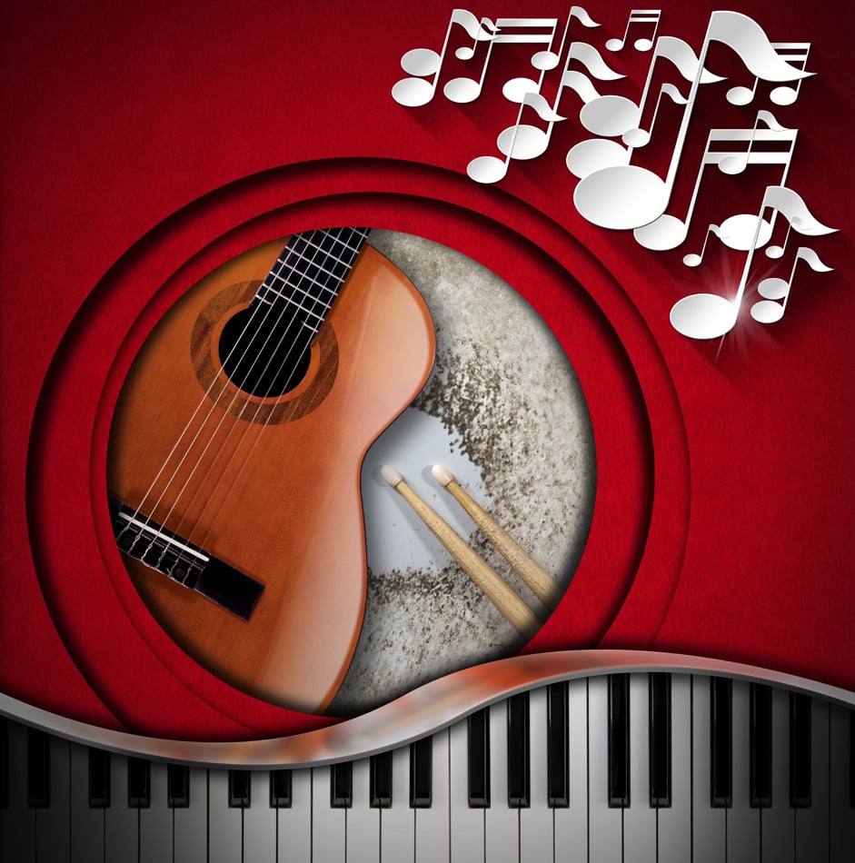 Musical Instruments Background - Red velvet background with white musical 
notes