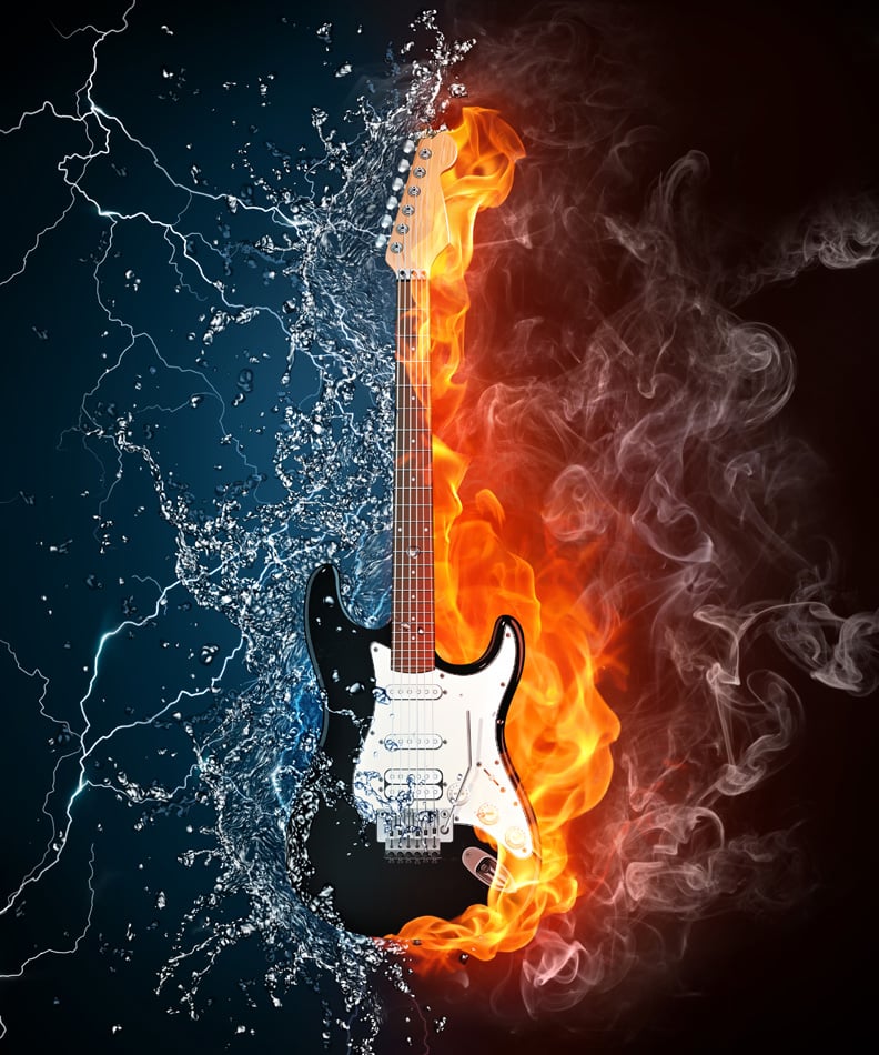 Electric Guitar On Fire And Water On Black