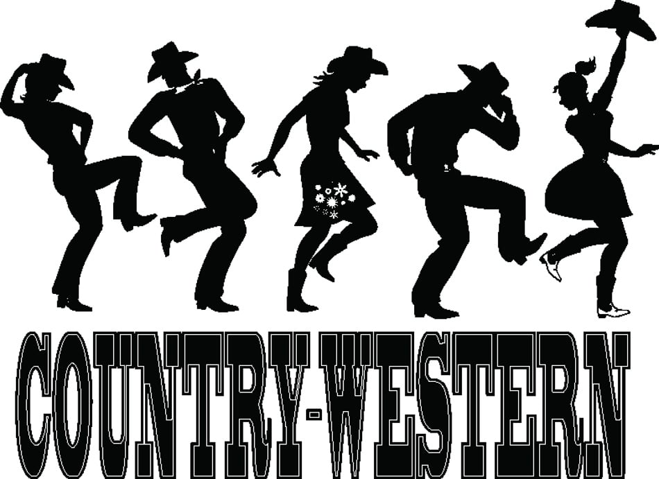 Black silhouettes of people dressed in western close country line dancing