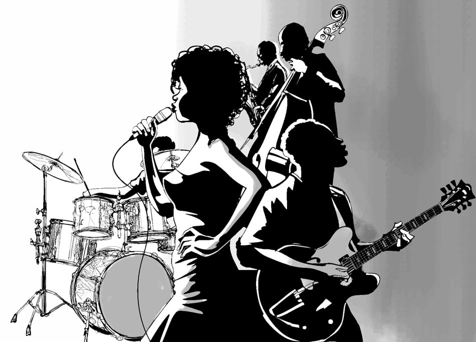 Jazz singer with guitar saxophone and double-bass player - Vector 
illustration
