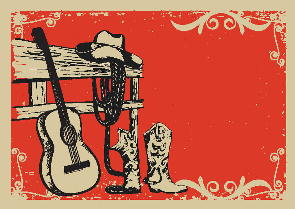 Western country music poster with cowboy clothes and music guitar 
background