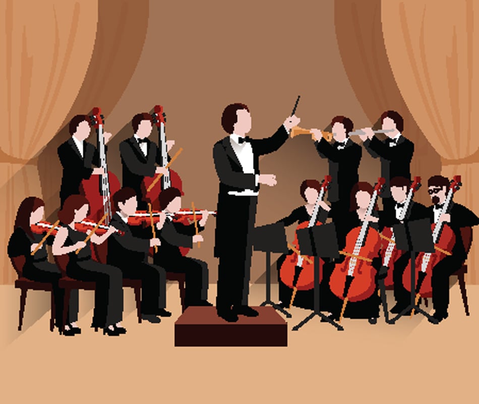 Symphonic orchestra with conductor violins chello and trumpet musicians