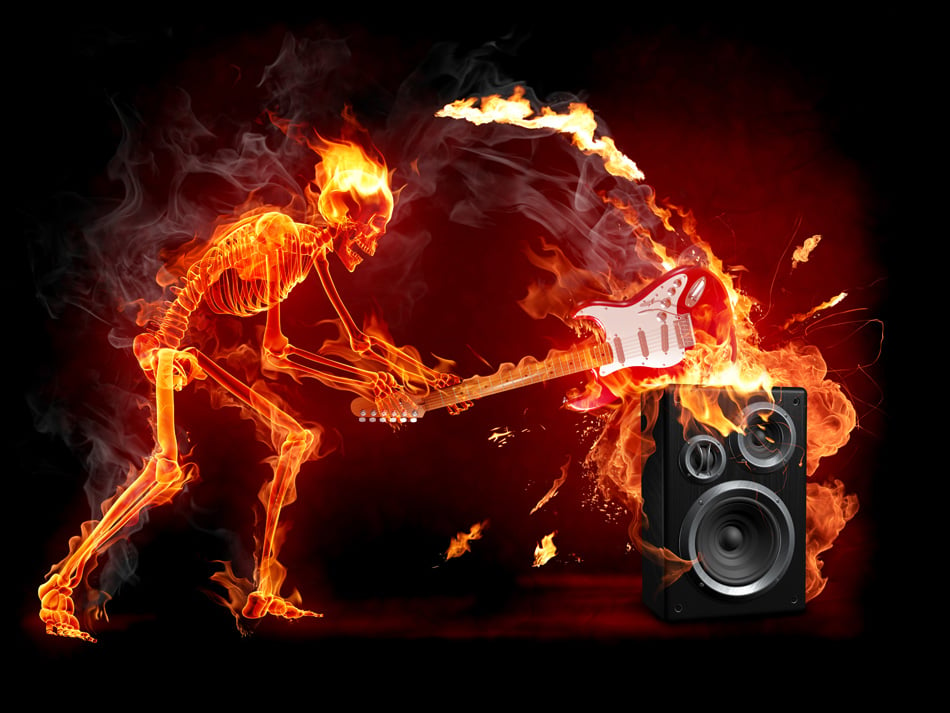 Crush guitar Fiery skeleton breaks a guitar Series of fiery illustrations