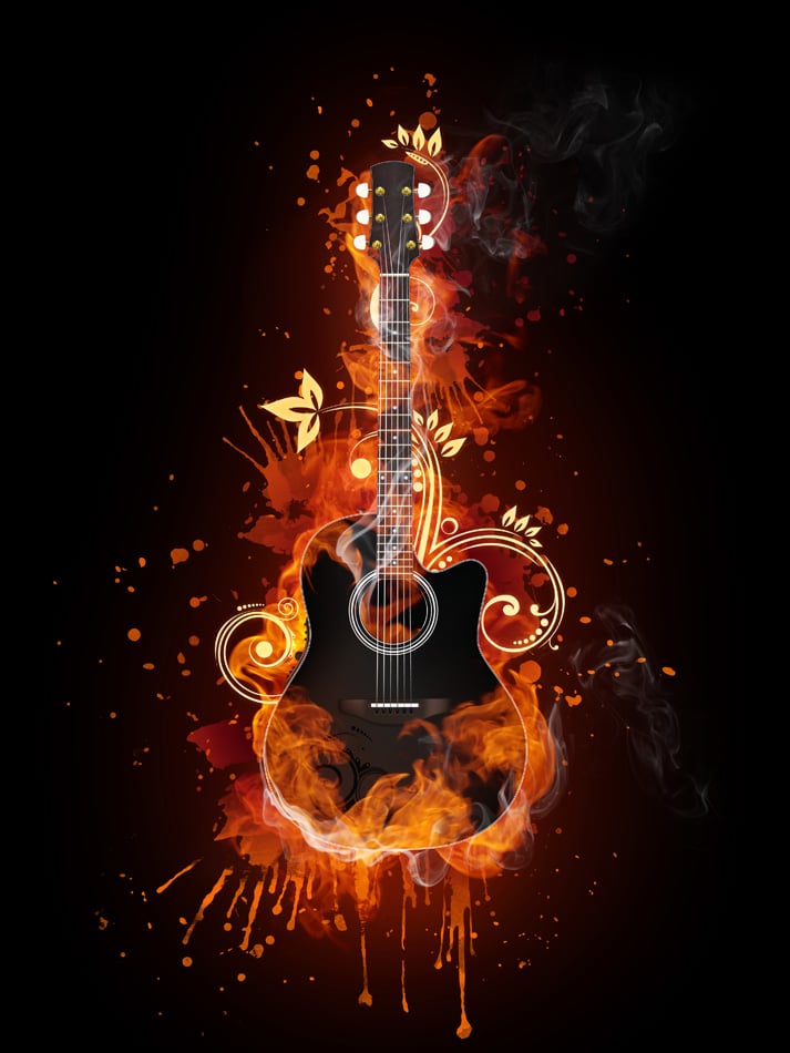 Acoustic - Electric Guitar In Fire Flame On Black