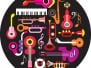 Musical instruments - round vector illustration on black background 
Isolated