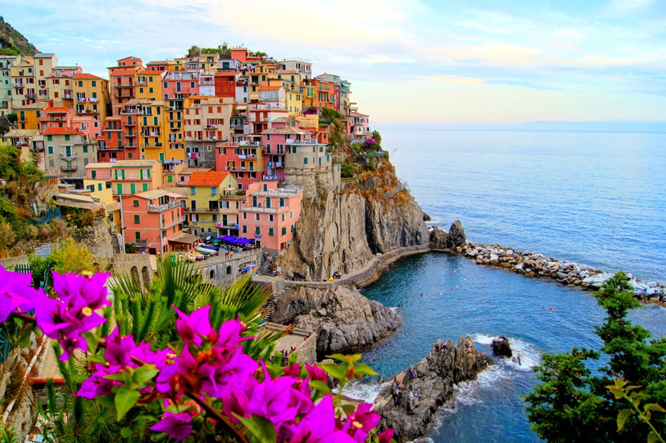 Village of Manarola on the Cinque Terre coast of Italy with flowers