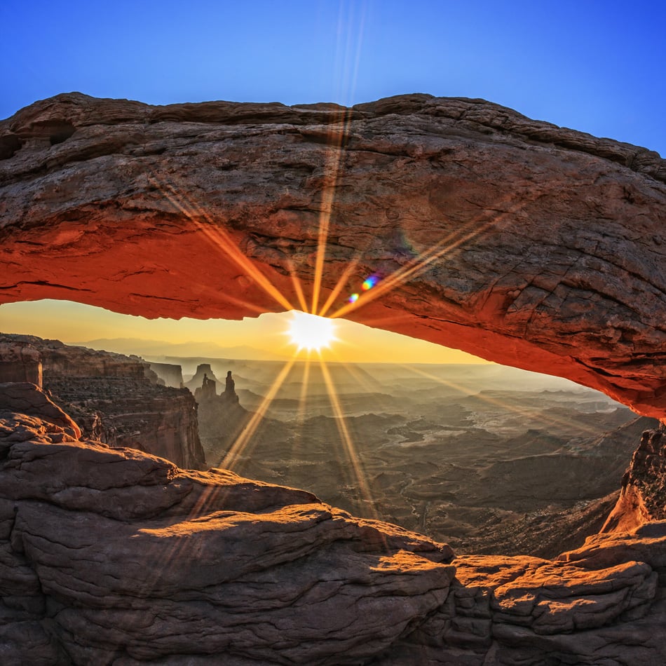 Famous sunrise at Mesa Arch in Canyonlands National Park Utah
