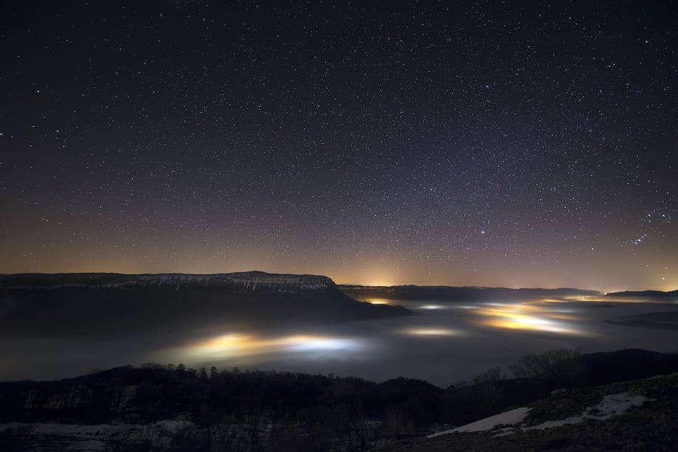 Stars In A Foggy Night Over The Valley Spain