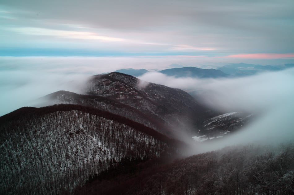 Mist And Cloudy Mountain At Winter